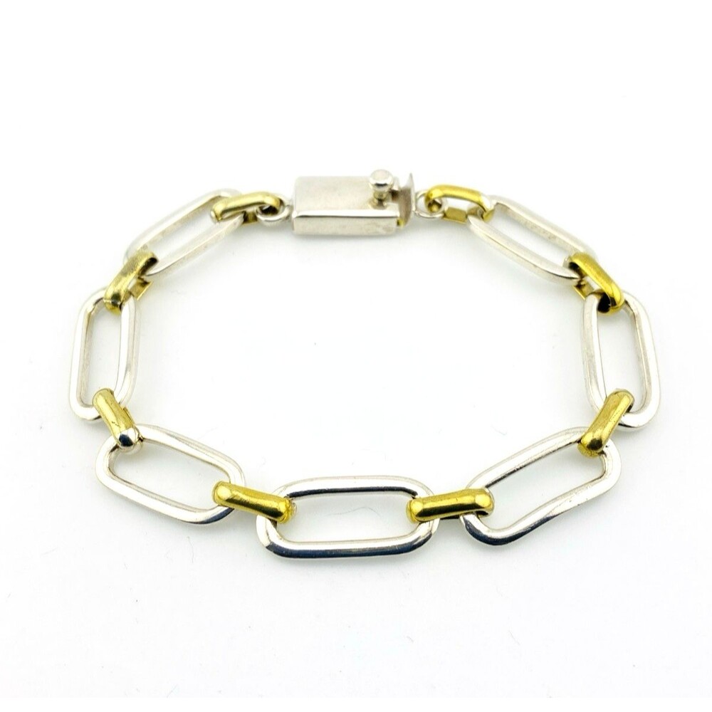 Mexico Sterling Silver Brass Link Bracelet Mixed Metal Chunky Chain 6.75 Inches
